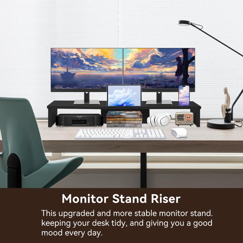 Qupui Dual Monitor Stand Riser with Phone Tablet Holder, 35.8in Large Monitor Stand for Desk, Computer Monitor Stand for 2 Monitors, Desk Shelf for Top of Desk, Desktop Organizer for Laptop, Printer, TV - Image 3