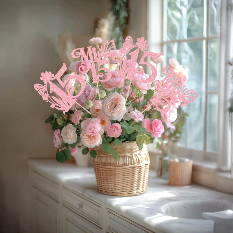 Ephlyn 12Pcs Happy 15th Birthday Centerpiece Sticks Hello 15 Sweet 15 Table Flower Centerpieces Sticks Fifteen Mis 15 Quince Floral Decorations for Cheers to 15 Theme Anniversary Party Supplies Pink - Image 3
