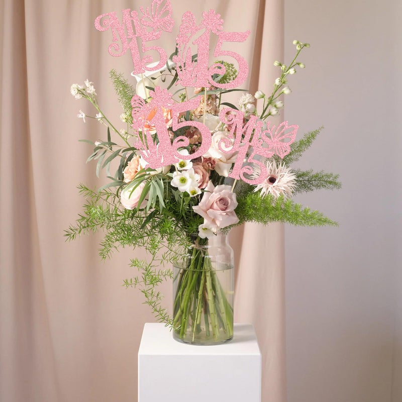 Ephlyn 12Pcs Happy 15th Birthday Centerpiece Sticks Hello 15 Sweet 15 Table Flower Centerpieces Sticks Fifteen Mis 15 Quince Floral Decorations for Cheers to 15 Theme Anniversary Party Supplies Pink - Image 4