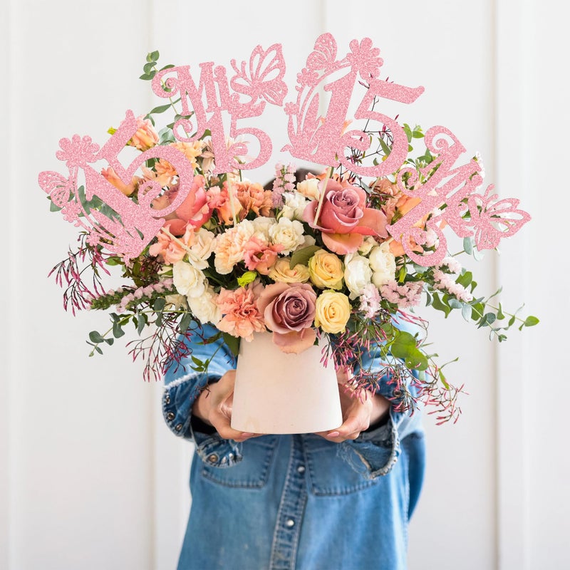 Ephlyn 12Pcs Happy 15th Birthday Centerpiece Sticks Hello 15 Sweet 15 Table Flower Centerpieces Sticks Fifteen Mis 15 Quince Floral Decorations for Cheers to 15 Theme Anniversary Party Supplies Pink - Image 2