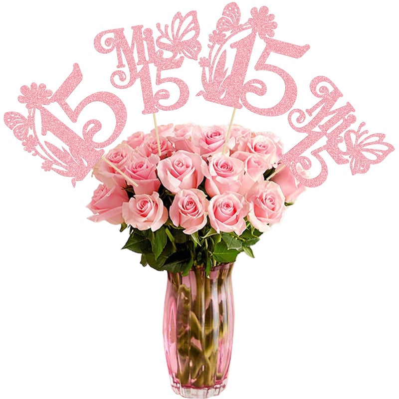 Ephlyn 12Pcs Happy 15th Birthday Centerpiece Sticks Hello 15 Sweet 15 Table Flower Centerpieces Sticks Fifteen Mis 15 Quince Floral Decorations for Cheers to 15 Theme Anniversary Party Supplies Pink - Image 1