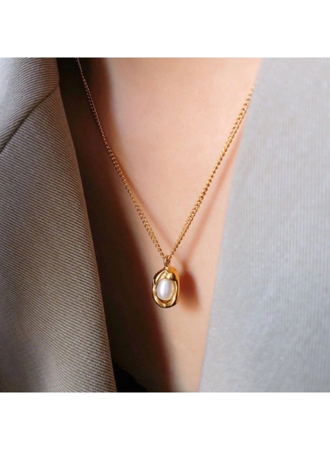 LATEEN 18K Gold Plated Pendant Necklace, Irregular Baroque‑Style Faux Pearl Necklace, Dainty Snake Chain Elegant Statement Jewelry for Women - Image 2