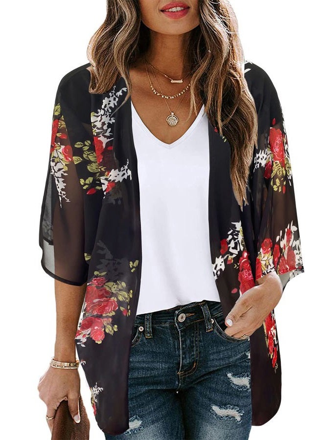 CHICGAL Women's Floral Print Puff Sleeve Kimono Cardigan Loose Cover Up Casual Blouse Tops, A Black Floral, L - Image 1