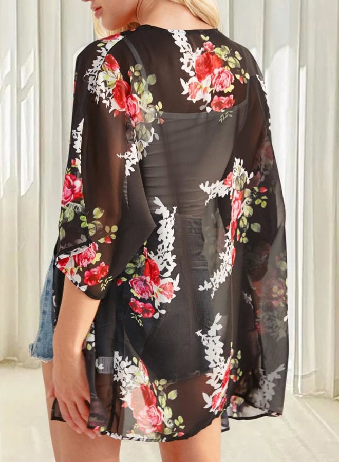 CHICGAL Women's Floral Print Puff Sleeve Kimono Cardigan Loose Cover Up Casual Blouse Tops, A Black Floral, L - Image 3