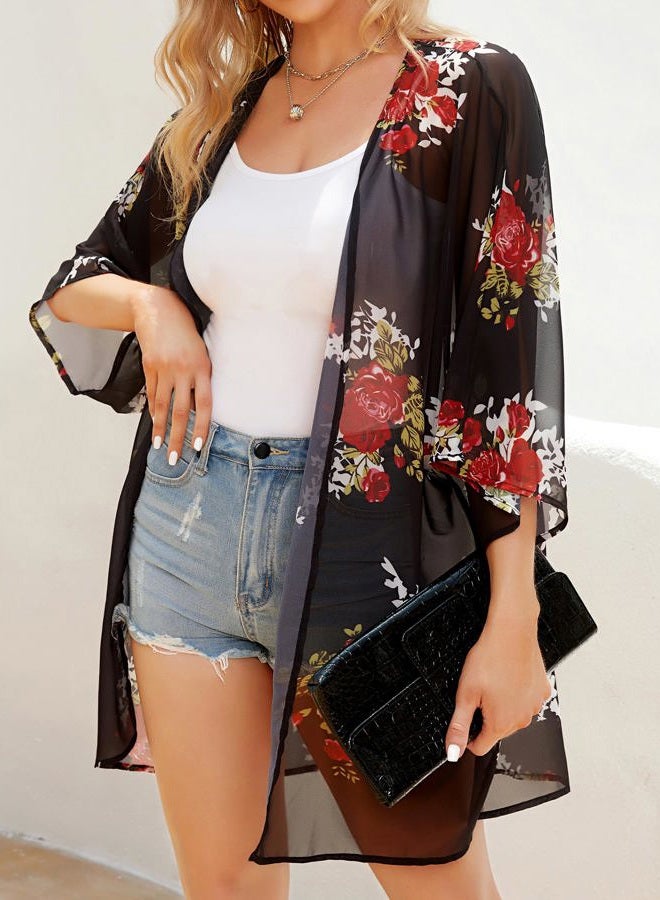 CHICGAL Women's Floral Print Puff Sleeve Kimono Cardigan Loose Cover Up Casual Blouse Tops, A Black Floral, L - Image 2
