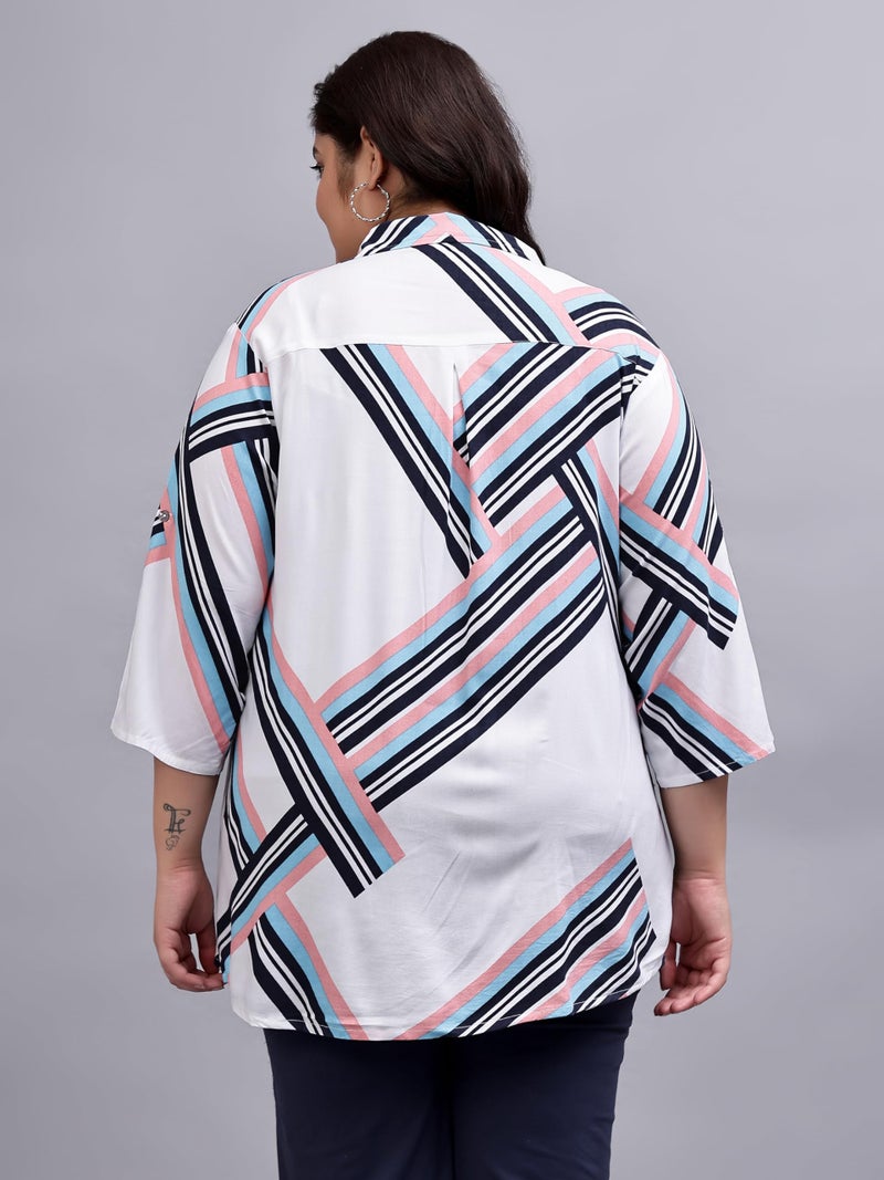 Indietoga Women's Plus Size Rayon Longline Shirt Tops (P10001526_Pink & Blue Stripe_2XL) - Image 4