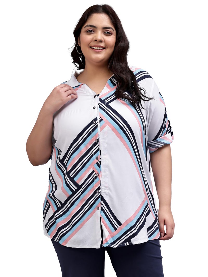 Indietoga Women's Plus Size Rayon Longline Shirt Tops (P10001526_Pink & Blue Stripe_2XL) - Image 1