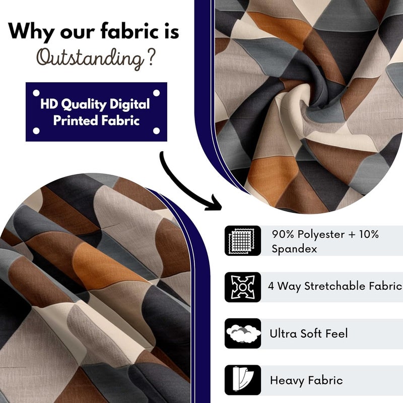 Decorian Polycotton Stretchable Printed Solid Sofa Slipcovers Wooden Sofa Seat Cover Sofa Back Cushion Covers Pack of 10 Navy Grey Geometric - Image 3