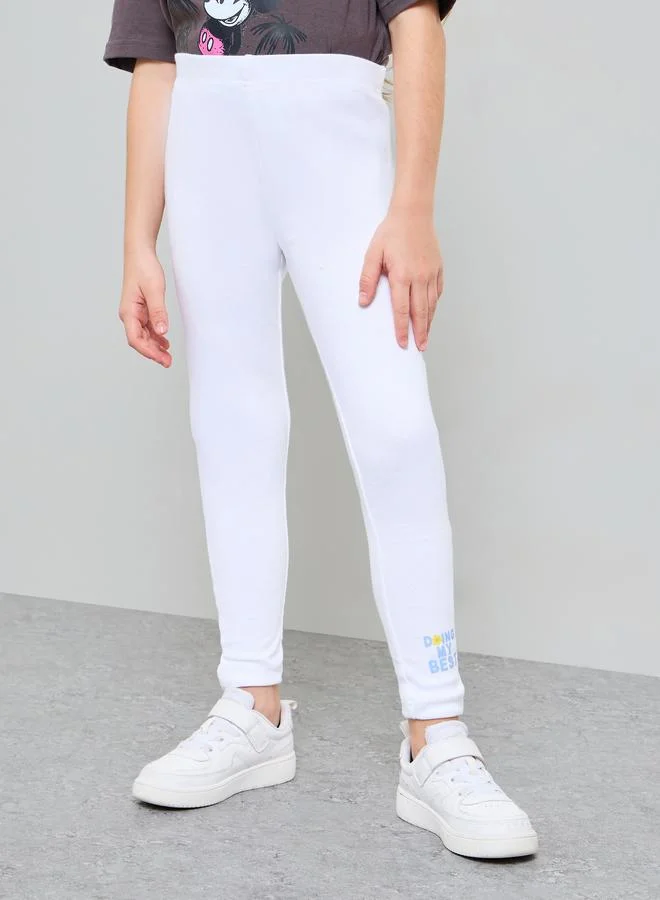 Styli Teen Girls White Graphic Print Ribbed Cotton Full-Length Leggings