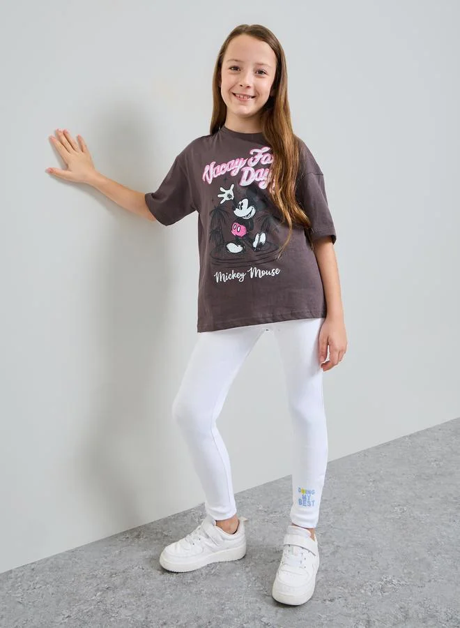 Styli Teen Girls White Graphic Print Ribbed Cotton Full-Length Leggings
