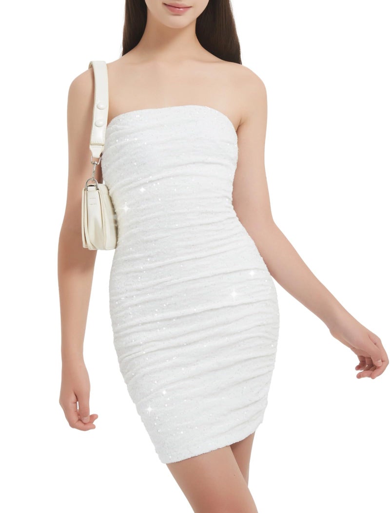 EXARUS Girls Sparkly Homecoming Dress Teen School Dance Velvet Sequin Bodycon Ruched Short Mini Tight Strapless Tube Padded Special Occasion White 12 Years - Image 1