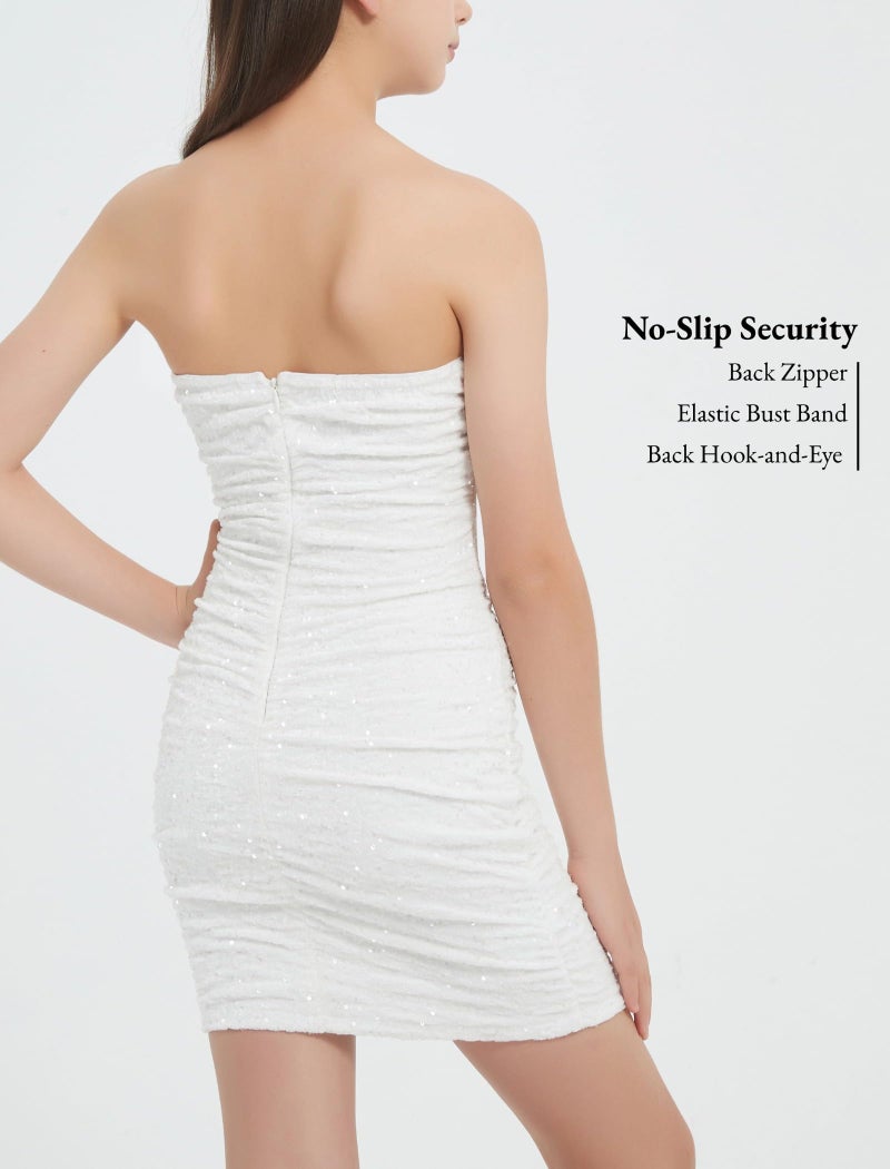 EXARUS Girls Sparkly Homecoming Dress Teen School Dance Velvet Sequin Bodycon Ruched Short Mini Tight Strapless Tube Padded Special Occasion White 12 Years - Image 4