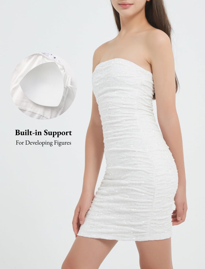 EXARUS Girls Sparkly Homecoming Dress Teen School Dance Velvet Sequin Bodycon Ruched Short Mini Tight Strapless Tube Padded Special Occasion White 12 Years - Image 3