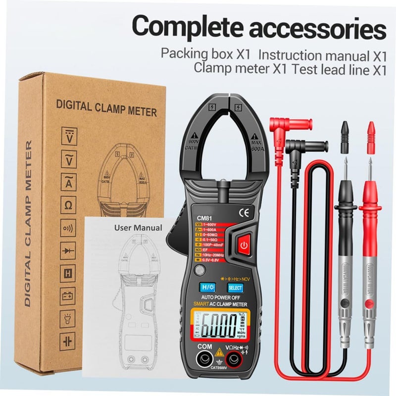 Auto Range AC DC Clamp Multimeter Tester 600A Voltage Current Black - Image 5