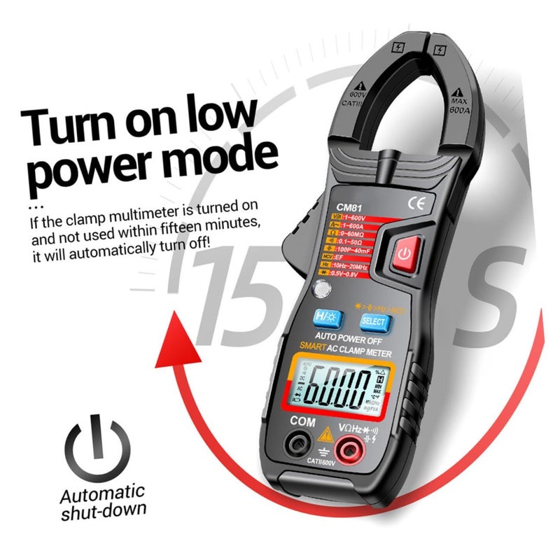 Auto Range AC DC Clamp Multimeter Tester 600A Voltage Current Black - Image 4