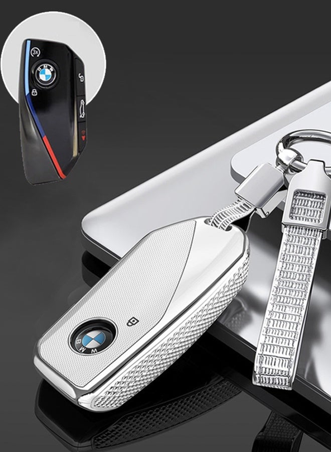 غطاء مفتاح السيارة مع سلسلة مفاتيح، غطاء حماية لمفتاح السيارة لسيارات BMW الفئة 3 و5 و7 وX1 وX3 وX5 وX7 وIX وXM U11735i و740Li موديلات 2023 و2024، واقي كمبيوتر لمفتاح BMW الذكي عن بعد، غطاء مفتاح السيارة (فضي) - Image 1
