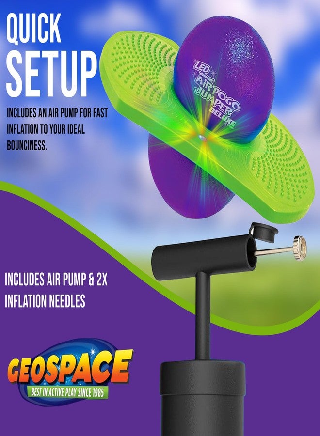 Geospace Original LED AIR POGO Jumper Deluxe with Motion-Activated Lights, Indoor or Outdoor Trick Bounce Board for Boys, Girls, Teens Ages 6+ or up to 160 lbs, Pump Included (Purple/Green) - Image 3