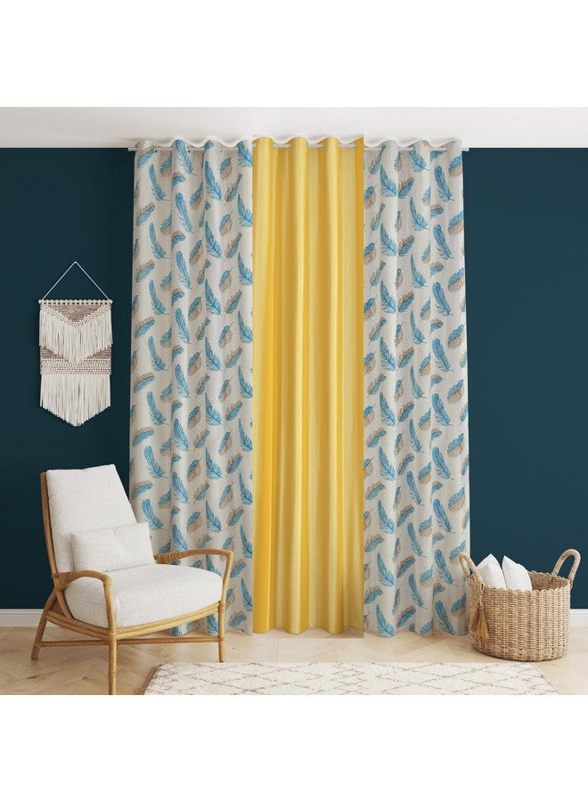 DEVSANG Polyester 2 Print and 1 Solid Curtains 7 feet Long Set of 3 - Yellow & Aqua - Image 1