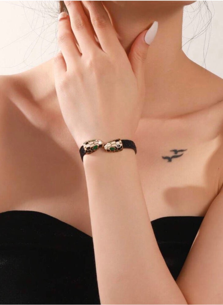 NEW STYLE - Leather Bracelet For Women With Double Snake Heads - Image 1