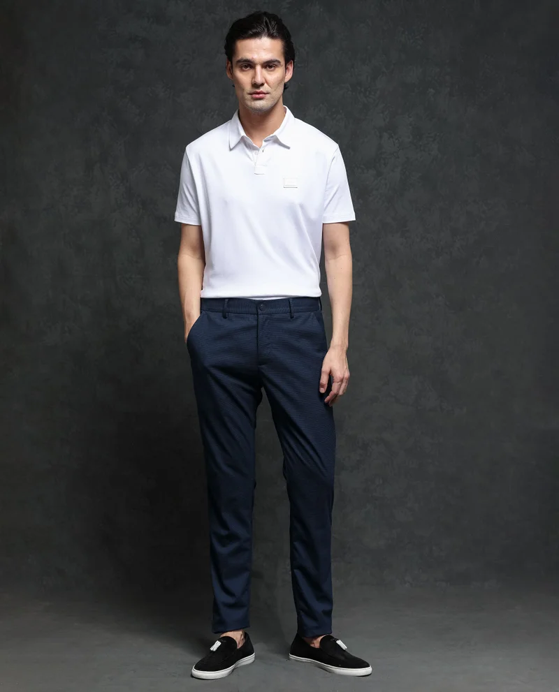 Rare Rabbit Rare Rabbit Men's Microl Navy Solid Mid-Rise Premium Regular Fit Trouser