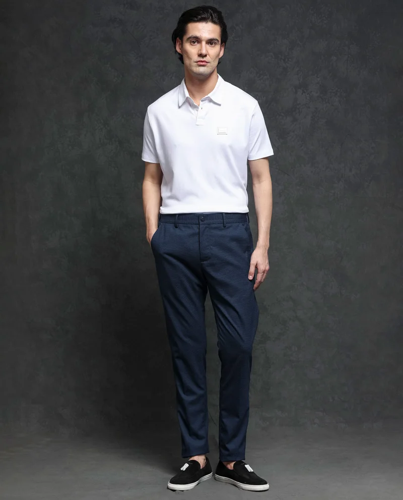 Rare Rabbit Rare Rabbit Men's Microl Navy Solid Mid-Rise Premium Regular Fit Trouser