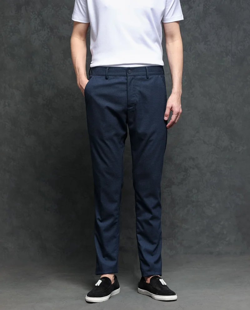 Rare Rabbit Rare Rabbit Men's Microl Navy Solid Mid-Rise Premium Regular Fit Trouser