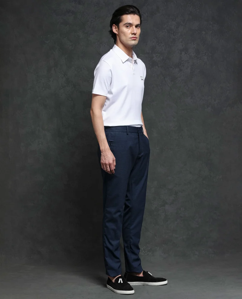Rare Rabbit Rare Rabbit Men's Microl Navy Solid Mid-Rise Premium Regular Fit Trouser