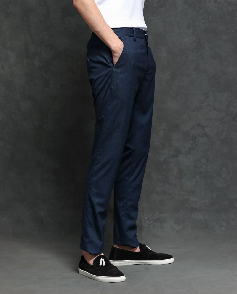 Rare Rabbit Rare Rabbit Men's Microl Navy Solid Mid-Rise Premium Regular Fit Trouser