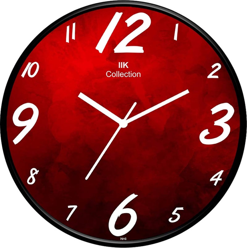 IIK COLLECTION Plastic Designer Analogue Round Wall Clock with Glass for Home/Kitchen/Bed Room/Office, 28 x 28 x 6 cm , Red - Image 1