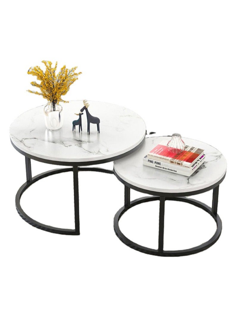 إيه جي دي مجموعة طاولة قهوة دائرية متداخلة عصرية من قطعتين لغرفة المعيشة والشرفة والحديقة وما الى ذلك،طاولة قهوة مستديرة مع اطار معدني صلب أسود/أبيض - Image 1