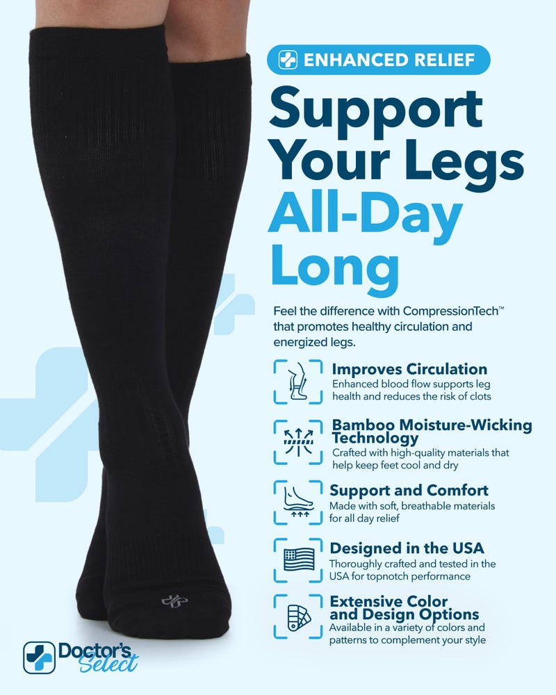 Doctor's Select Light Compression Socks for Men - 3 Pairs, Knee High Comfort and Support, 8-15 mmHg Compression Socks, All Black - Image 2