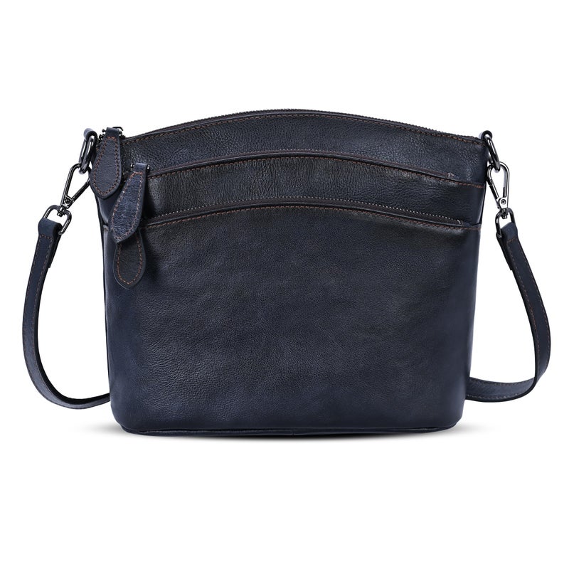 HESHE Crossbody Bags for Women Genuine Leather Purses with Multi-Pockets Vintage Ladies Small Shoulder Satchel Bag (Navy Blue) - Image 1