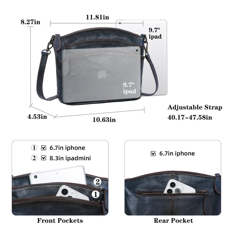 HESHE Crossbody Bags for Women Genuine Leather Purses with Multi-Pockets Vintage Ladies Small Shoulder Satchel Bag (Navy Blue) - Image 4