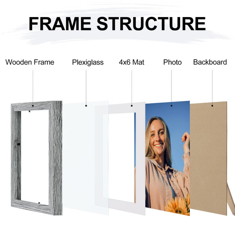 Vittanly 5x7 Picture Frames Set of 4  Display Pictures 4x6 with Mat or 5x7 without Mat  Engineered Wood with Shatter Resistant Plexiglass  Small Photo Frames for Wall or Tabletop Display  Grey - Image 2