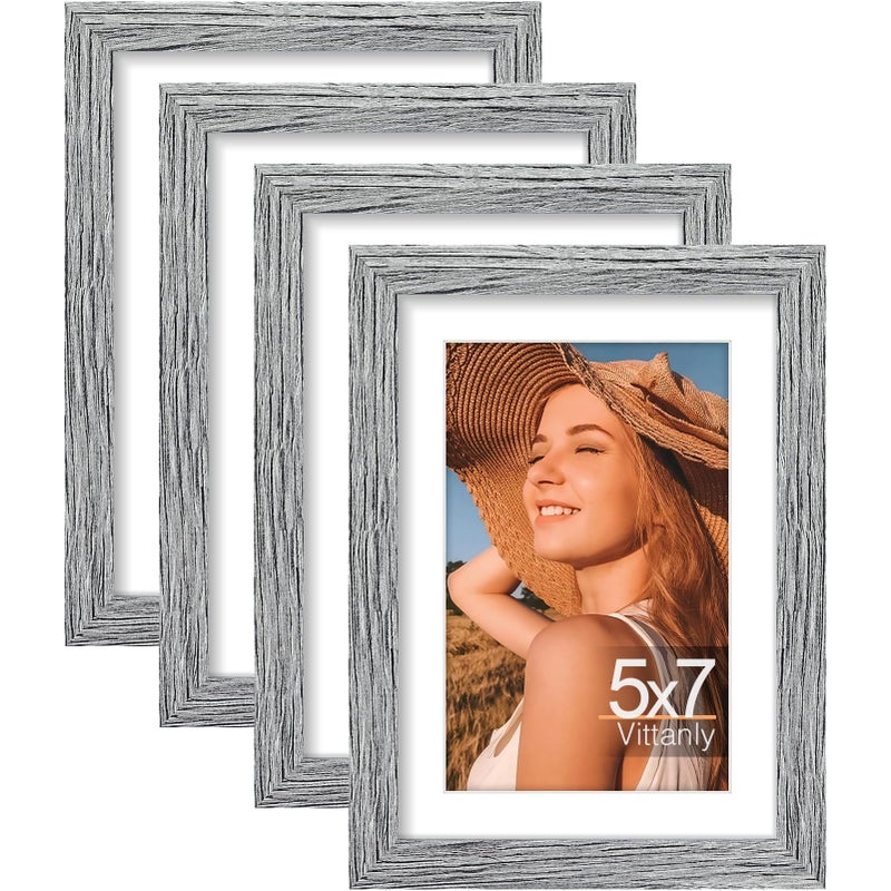 Vittanly 5x7 Picture Frames Set of 4  Display Pictures 4x6 with Mat or 5x7 without Mat  Engineered Wood with Shatter Resistant Plexiglass  Small Photo Frames for Wall or Tabletop Display  Grey - Image 1