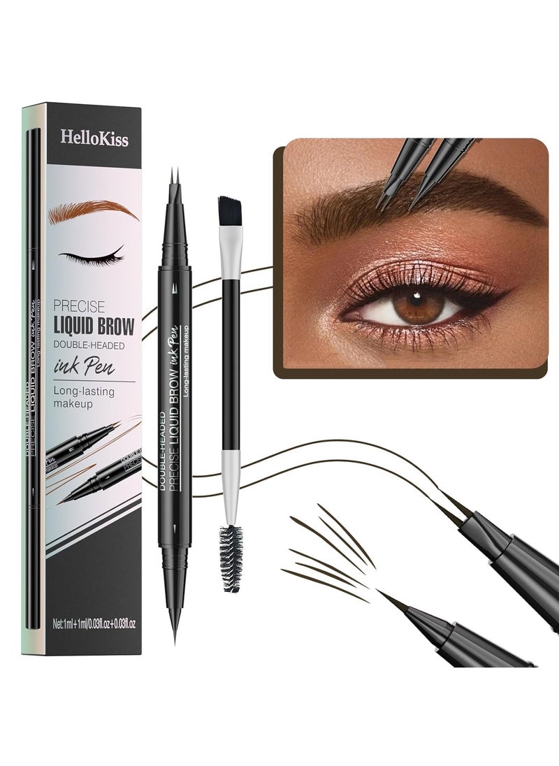 HelloKiss Precise Liquid Eyebrow Pen with Brush Double Headed Ink Pen 2 Tip Microblading Brow Pen Curved Eyebrow Pencil, 2 Fork Tip Eye Pen Waterproof Long Lasting Ink Pen Black Brown 04  - Image 1