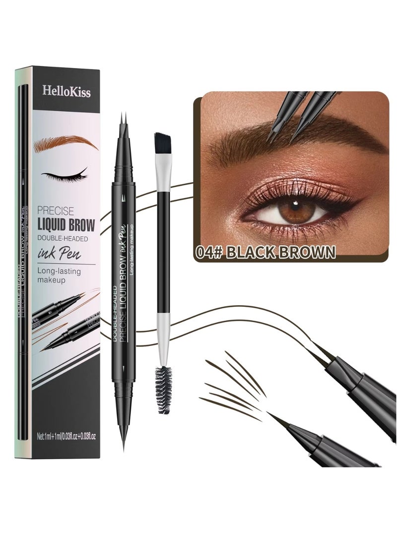 HelloKiss Precise Liquid Eyebrow Pen with Brush Double Headed Ink Pen 2 Tip Microblading Brow Pen Curved Eyebrow Pencil, 2 Fork Tip Eye Pen Waterproof Long Lasting Ink Pen Black Brown 04  - Image 2
