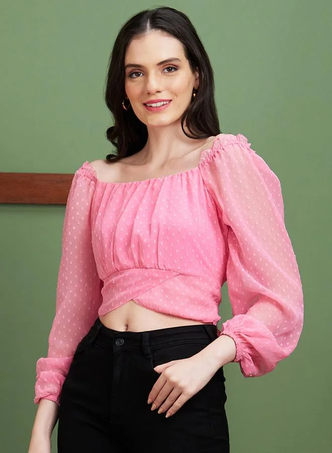 globus Globus Square Neck Puff Sleeves Back Tie-Up Crop Top