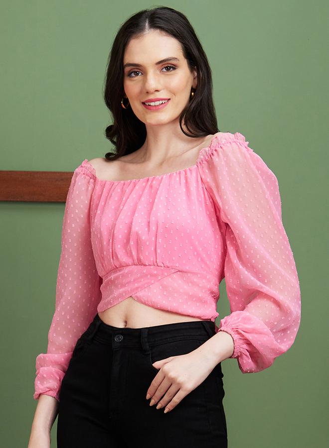 globus Square Neck Puff Sleeves Back Tie-Up Crop Top - Image 2