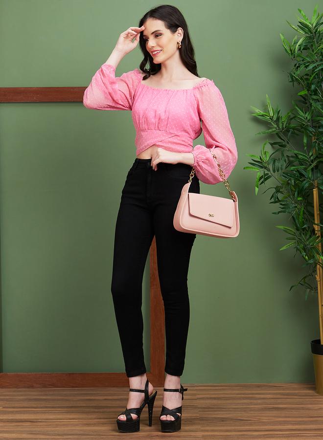 globus Square Neck Puff Sleeves Back Tie-Up Crop Top - Image 5