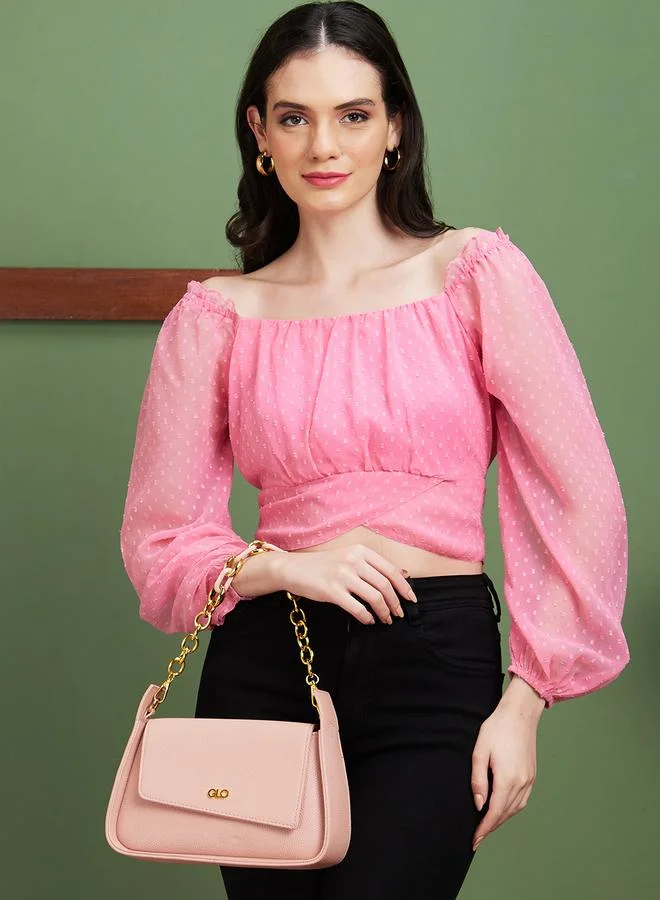 globus Globus Square Neck Puff Sleeves Back Tie-Up Crop Top