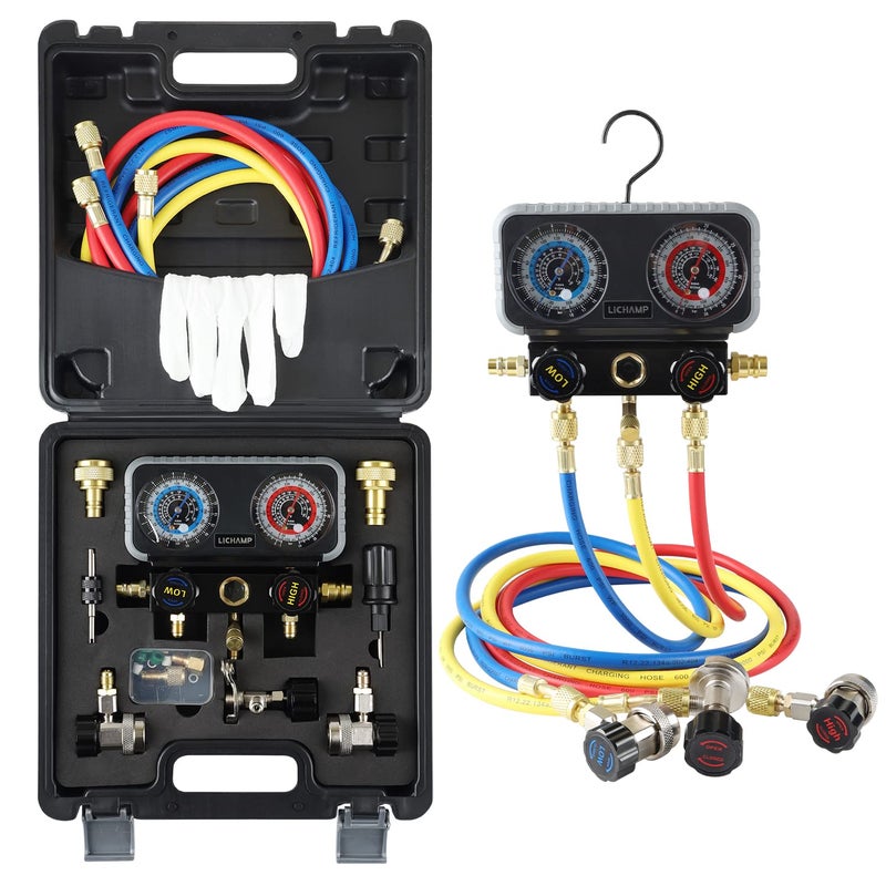 Lichamp AC R1234YF R134A Gauge Set, Automotive Manifold Gauge Compatible with R1234YF R134A and R404A Refrigerants, Works on Car Freon Charging and Evacuation - Image 1