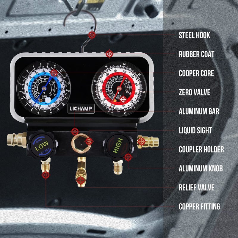 Lichamp AC R1234YF R134A Gauge Set, Automotive Manifold Gauge Compatible with R1234YF R134A and R404A Refrigerants, Works on Car Freon Charging and Evacuation - Image 4