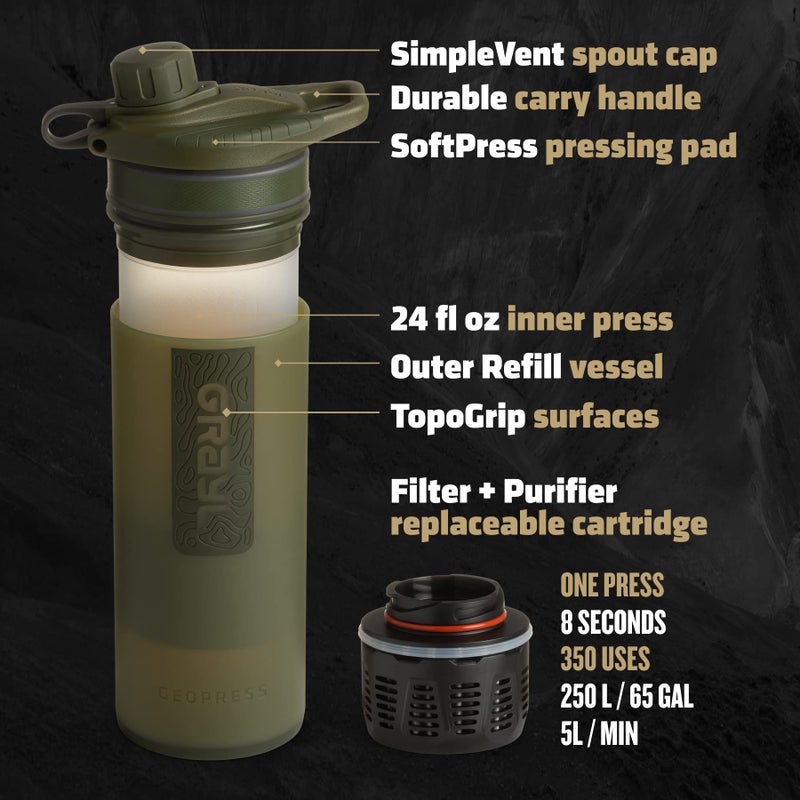 GRAYL GeoPress 24 oz Water Purifier Bottle - Filter for Hiking, Camping, Survival, Travel (Olive Drab) - Image 3
