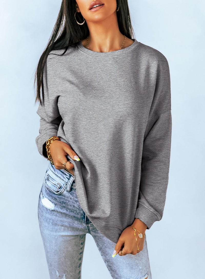 Dokotoo Womens Casual Long Sleeve Crewneck Sweatshirt Side Split Loose Fit Solid Basic Pullover Tunic T Shirts Tops Sweatshirts for Women 2026 Fashion Fall Gray Large - Image 3