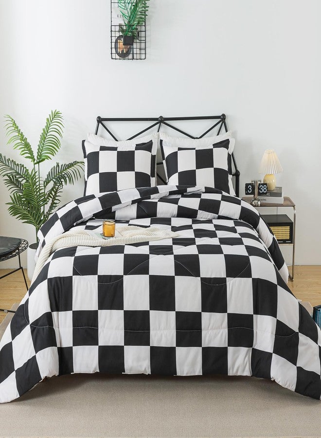 Caressma Black White Comforter Set Twin Size, Checkered Plaid Comforter Bedding Set, Fluffy Grid Plaid Comforter Home Decor for All Seasons - Image 1