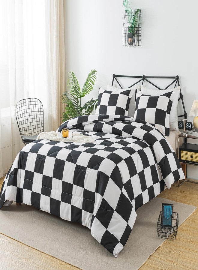 Caressma Black White Comforter Set Twin Size, Checkered Plaid Comforter Bedding Set, Fluffy Grid Plaid Comforter Home Decor for All Seasons - Image 3
