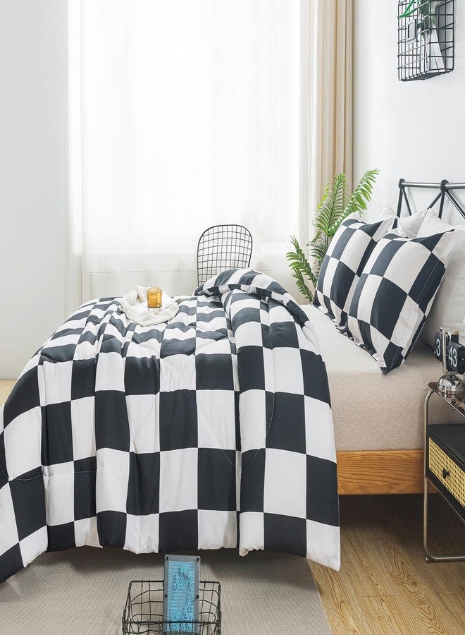 Caressma Black White Comforter Set Twin Size, Checkered Plaid Comforter Bedding Set, Fluffy Grid Plaid Comforter Home Decor for All Seasons - Image 4