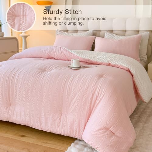 tohrisa Boho Comforter Set King Size Striped Pleats Bohemian Seersucker Bedding Set All Season Soft Cozy 3 Pieces Quilt with 2 Pillowcases(104"X90" Blush Pink) - Image 2