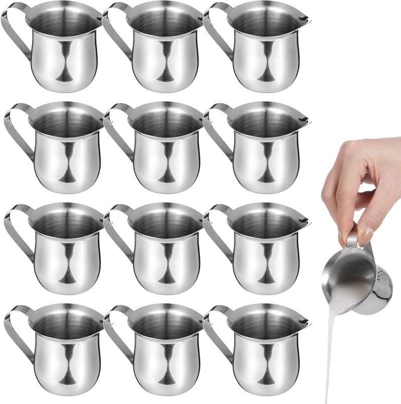 12 Pcs Creamer Pitchers for Coffee, Cream, Milk Serving, Metal Creamer Dispenser Cups, 3 Oz Mini Stainless Steel Bells, Creamer Cups with Wide Mouth and Spout, Pouring Containers - Image 1